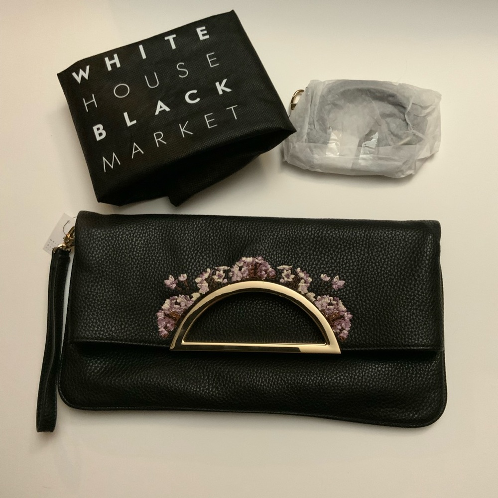 NWT White House Black Market clutch w/shoulder strap, embroidered purple flowers